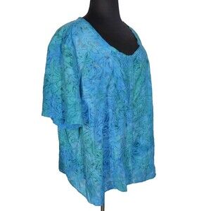 Catherines Blue Teal Floral Burnout Button Up Short Sleeve Top Plus Size 5X